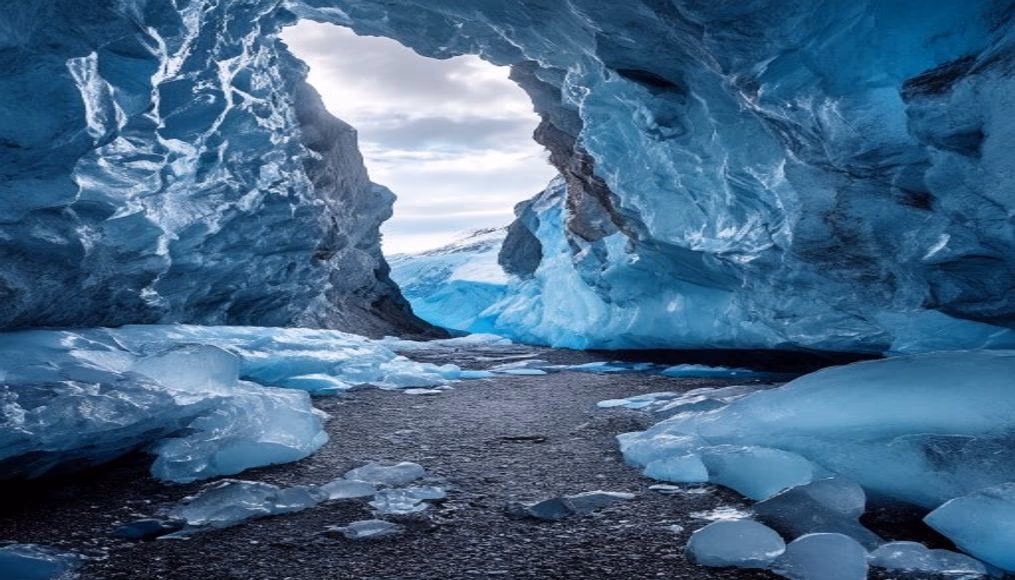 iceland glacier ice cave blue in editorial style