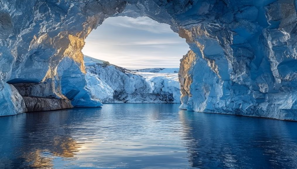 iceland glacier ice cave blue in editorial style