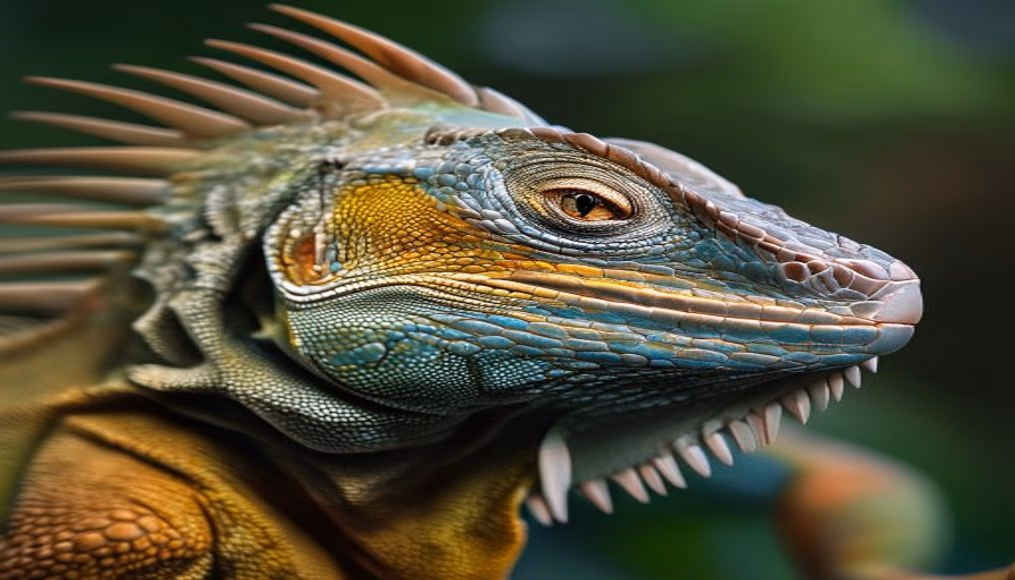 iguana macro scales in editorial style