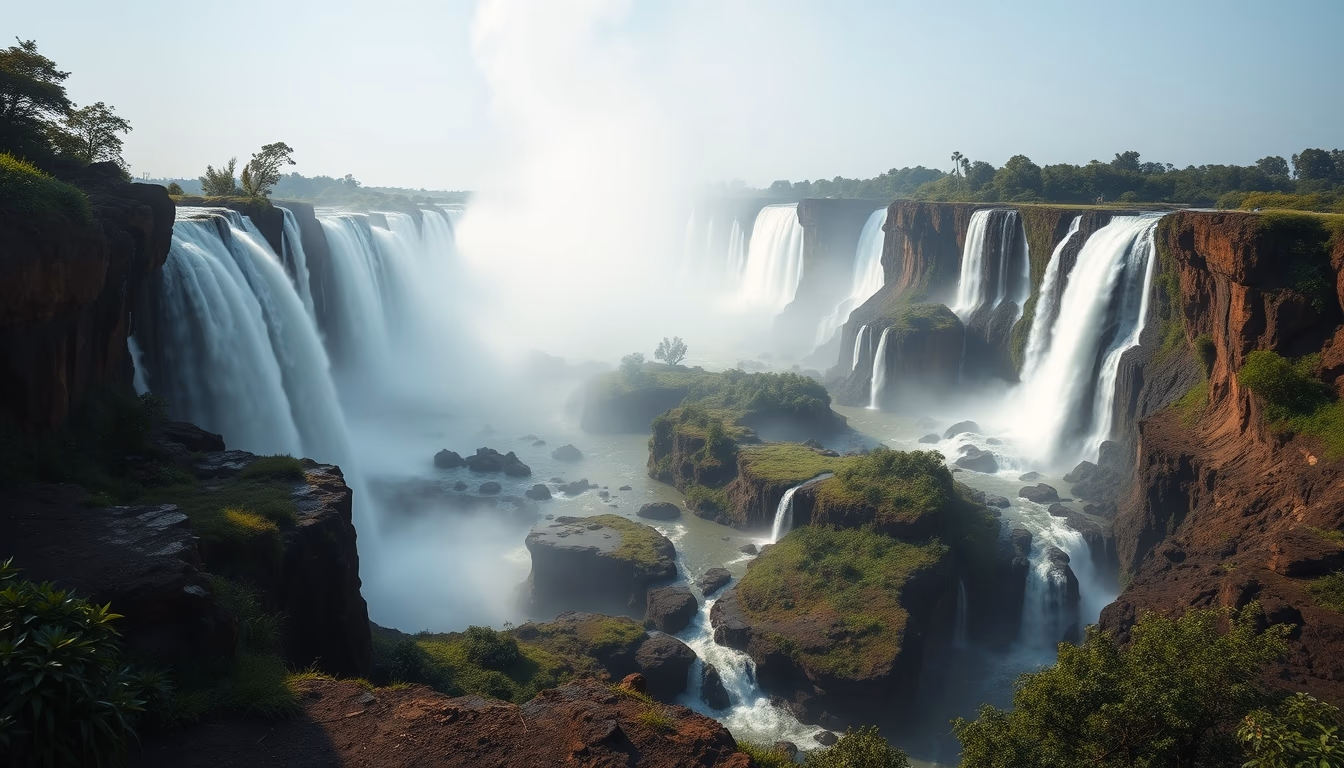 iguazu falls panoramic in editorial style