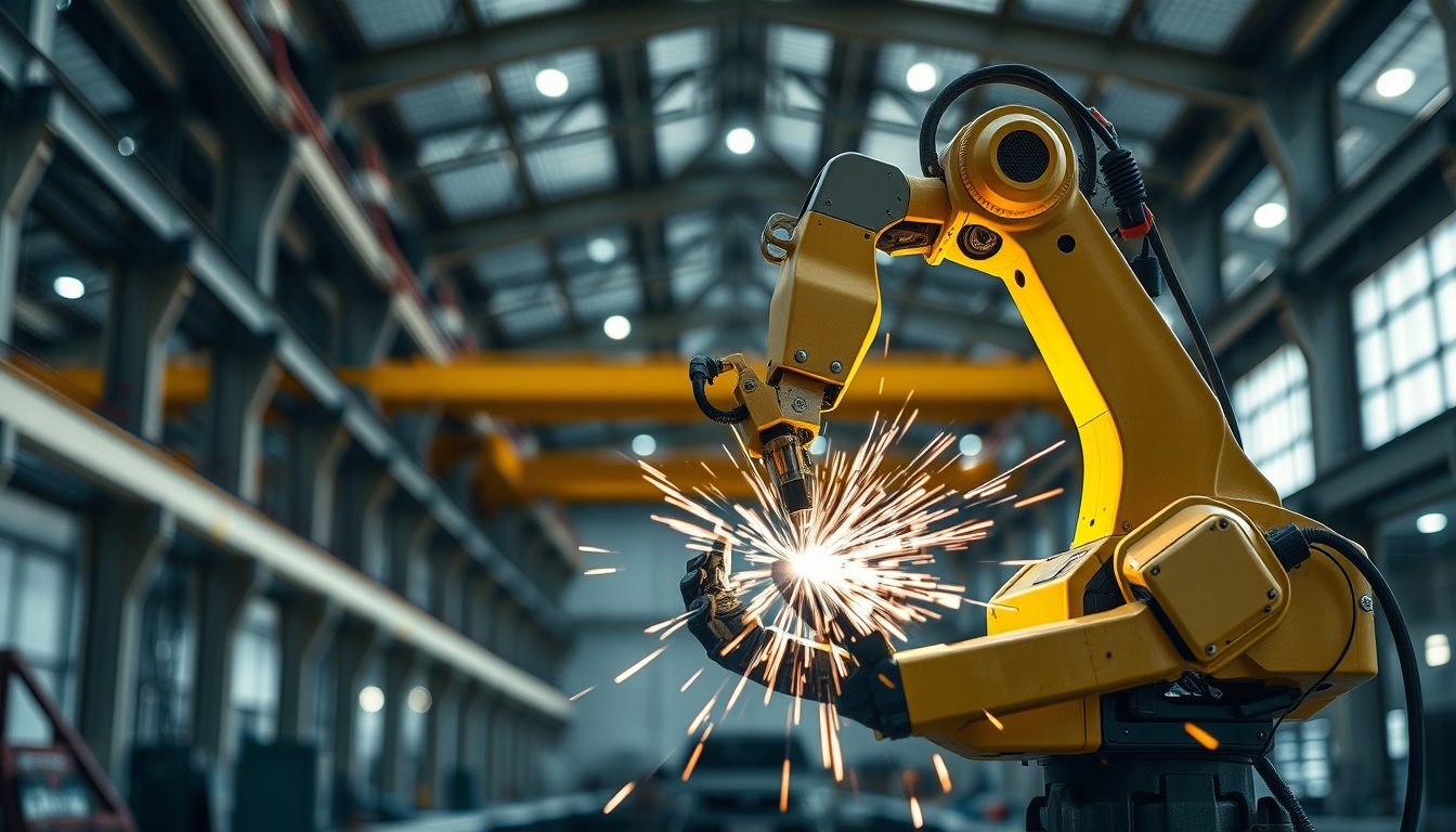 industrial robot arm welding in editorial style