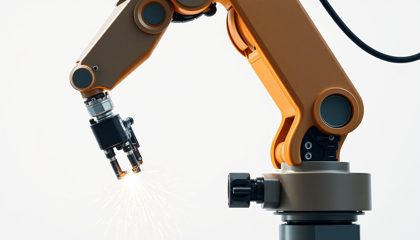 industrial robot arm welding in editorial style