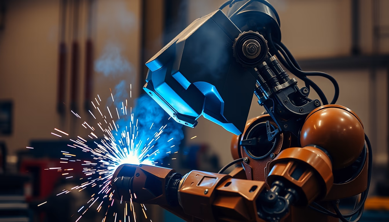 industrial robot arm welding in editorial style