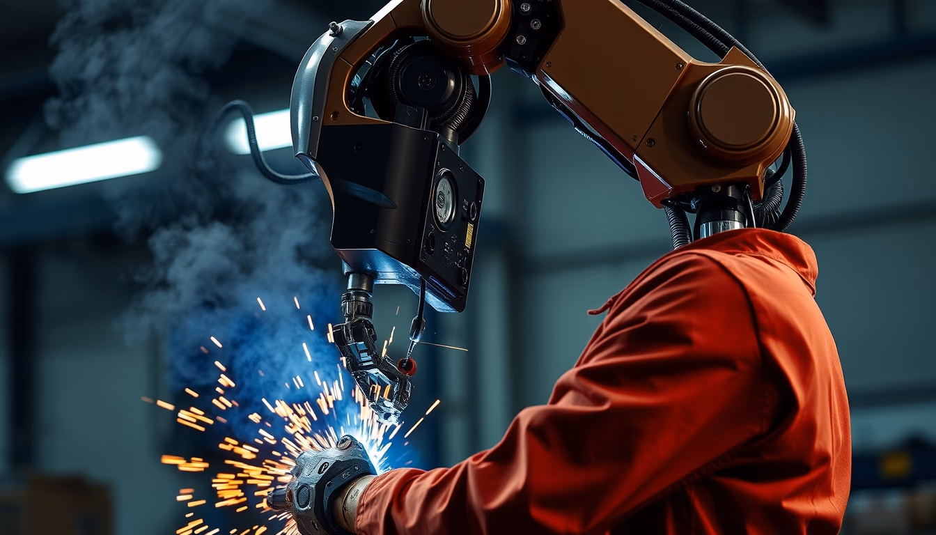 industrial robot arm welding in editorial style