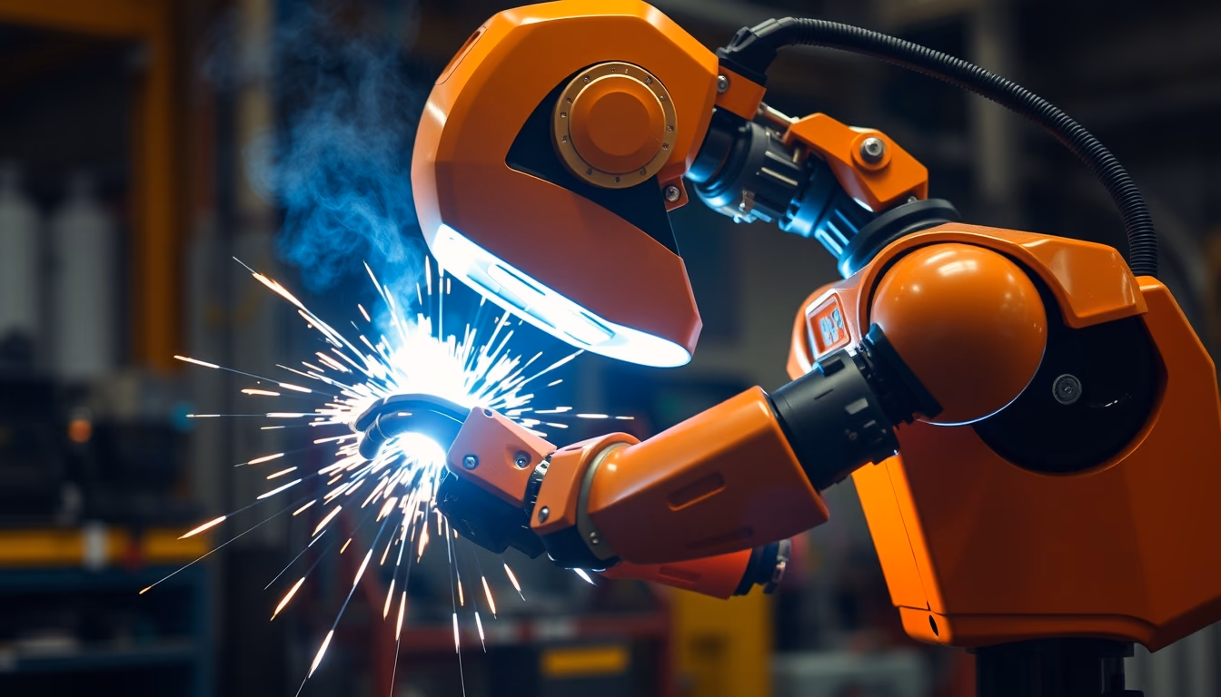 industrial robot arm welding in editorial style