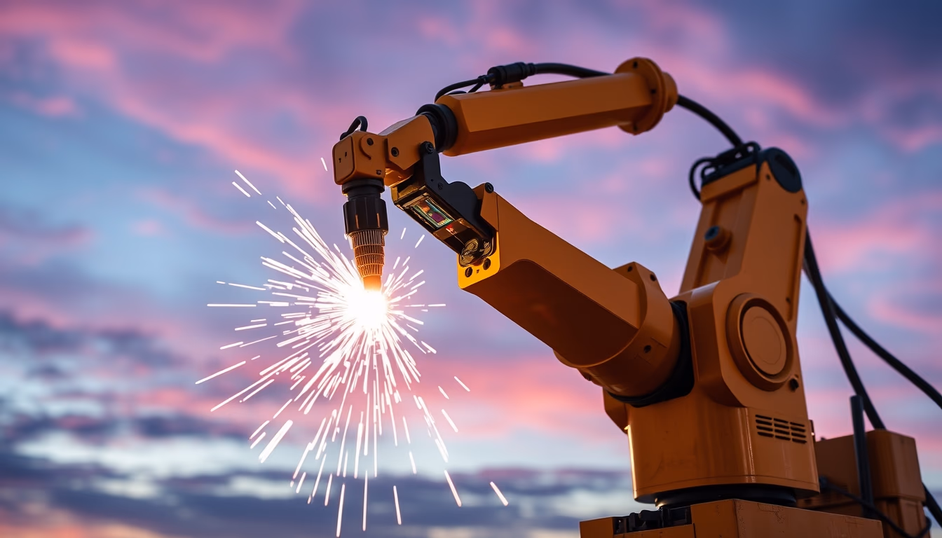 Braço robótico industrial welding em estilo editorial
