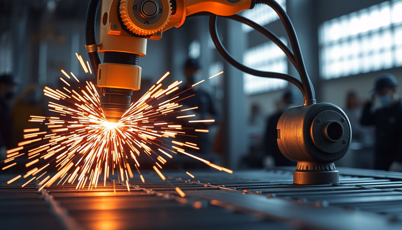 industrial robot arm welding in editorial style