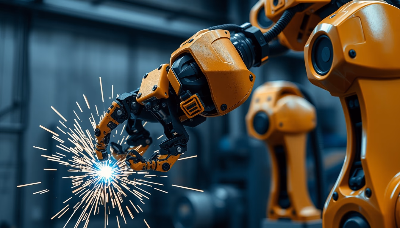 industrial robot arm welding in editorial style