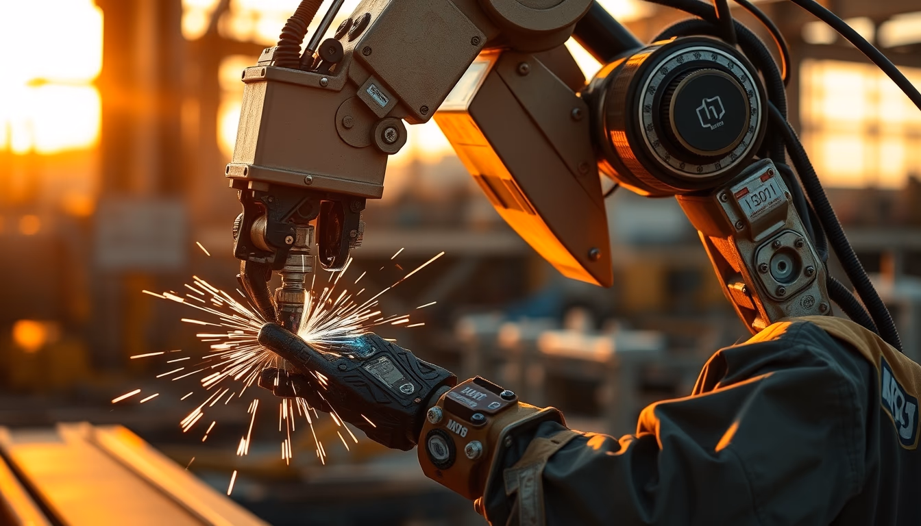 industrial robot arm welding in editorial style