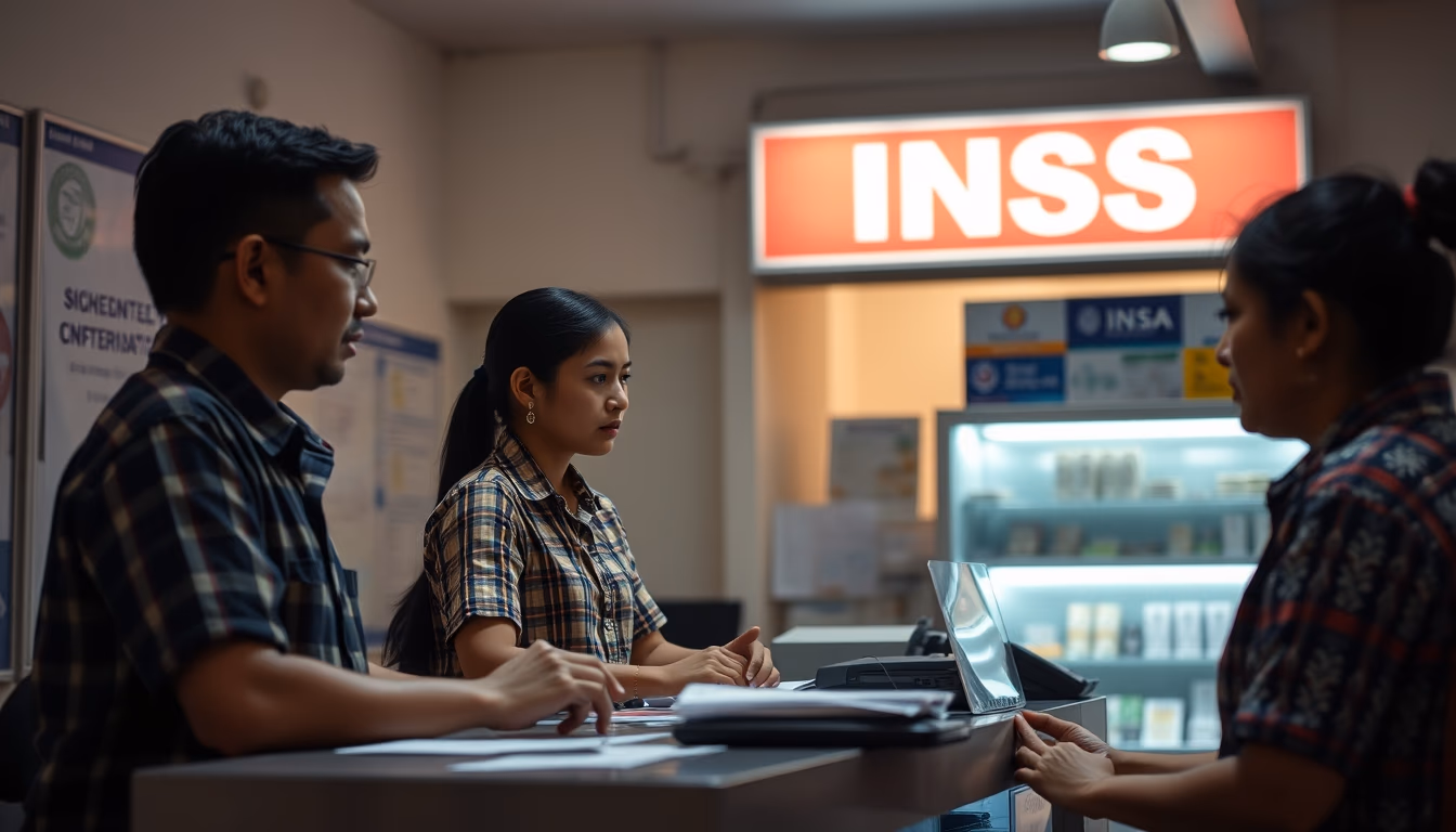 INSS branch employees helping citizens at the counter in editorial style