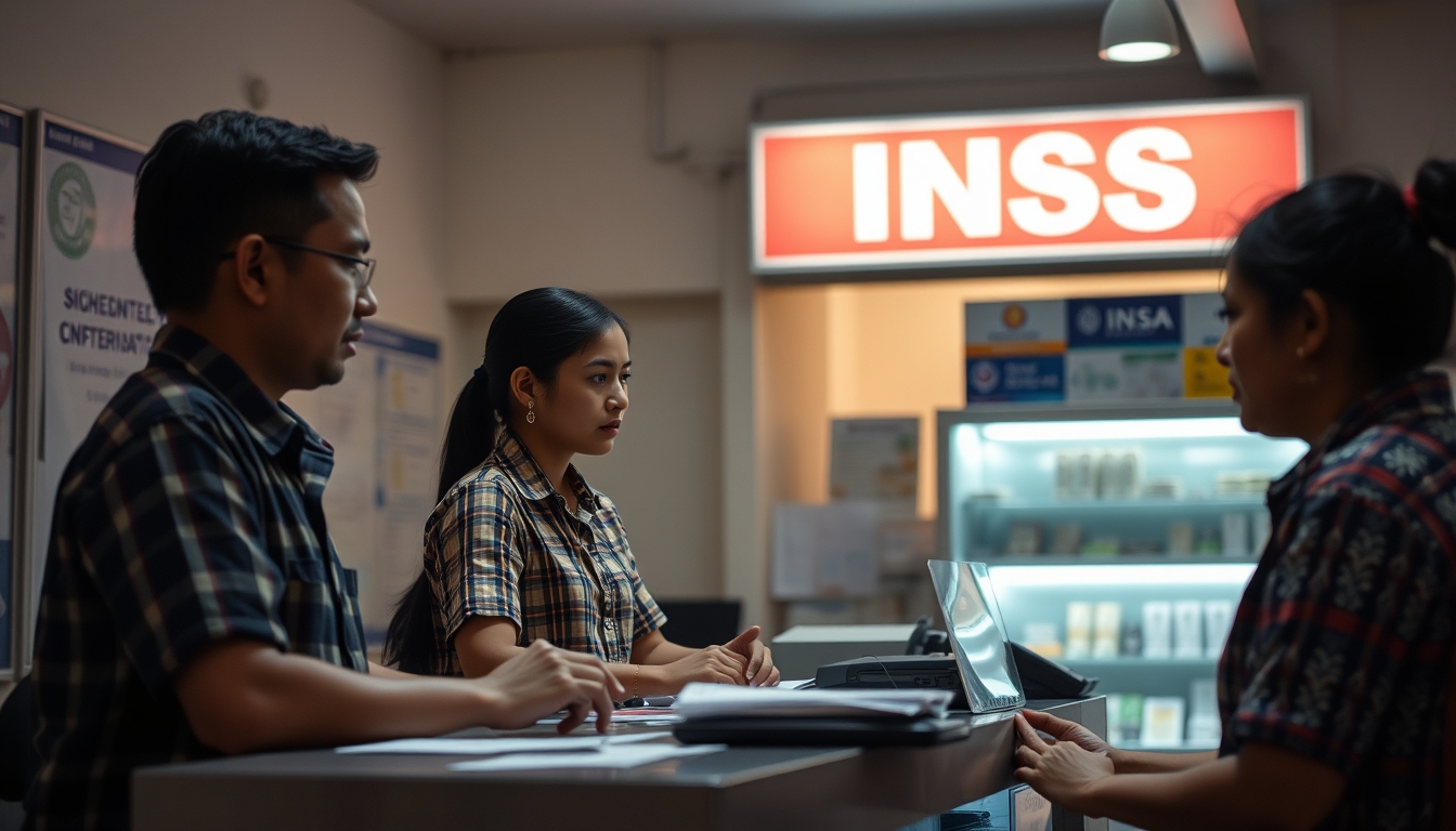 INSS branch employees helping citizens at the counter in editorial style