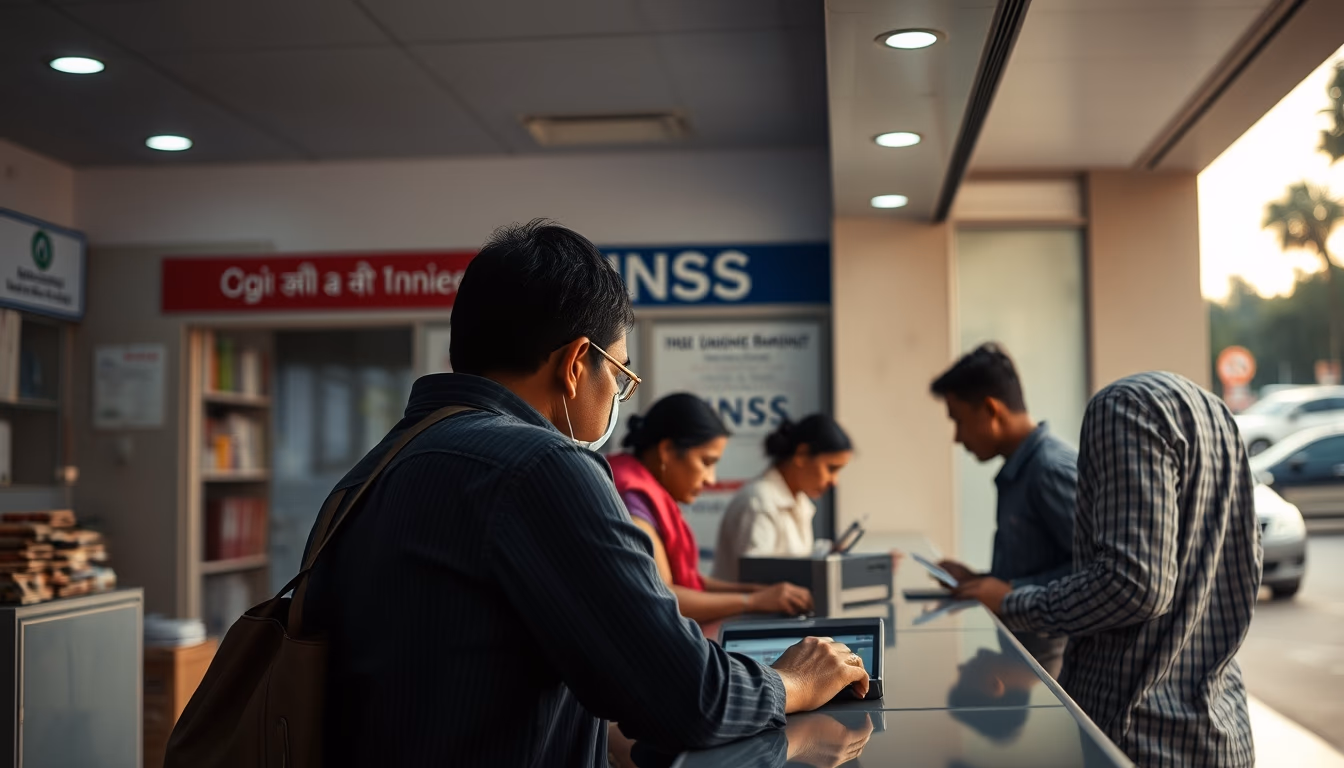 INSS branch employees helping citizens at the counter in editorial style