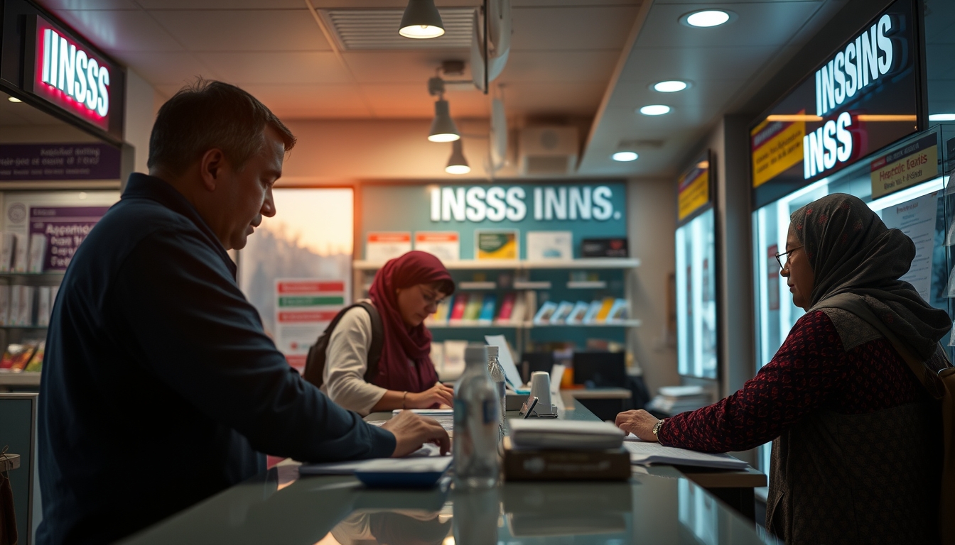 INSS branch employees helping citizens at the counter in editorial style