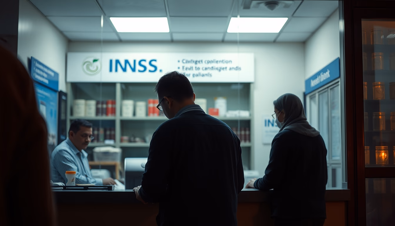 INSS branch employees helping citizens at the counter in editorial style