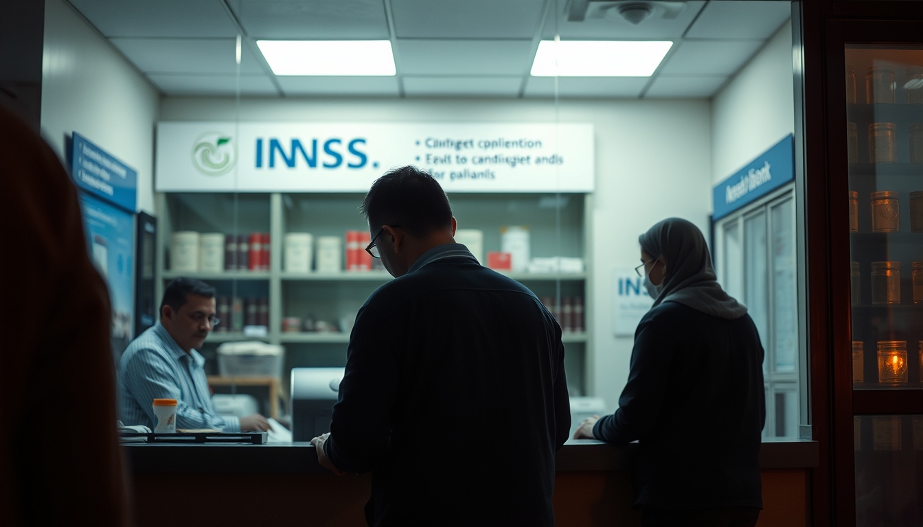 INSS branch employees helping citizens at the counter in editorial style