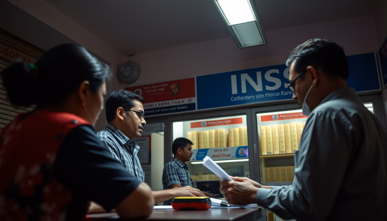 INSS branch employees helping citizens at the counter in editorial style