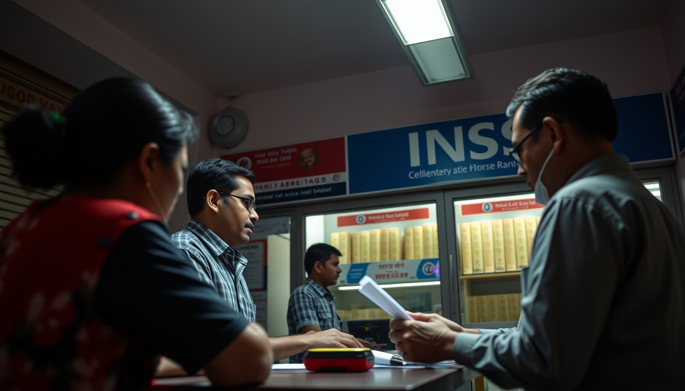 INSS branch employees helping citizens at the counter in editorial style