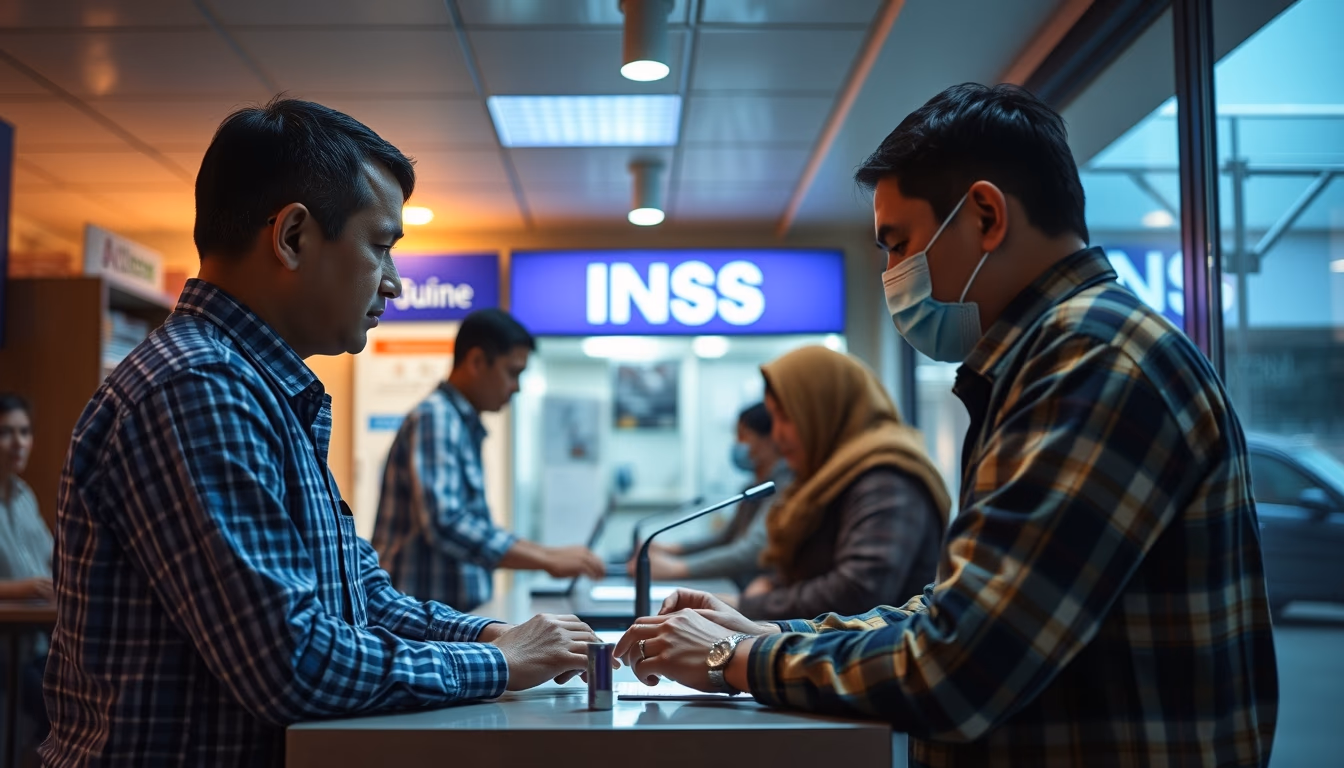 INSS branch employees helping citizens at the counter in editorial style