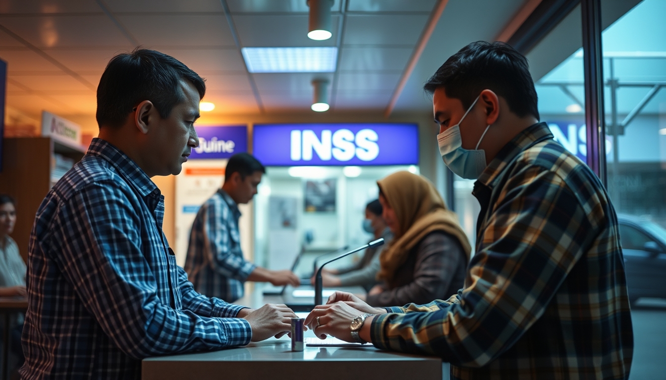 INSS branch employees helping citizens at the counter in editorial style