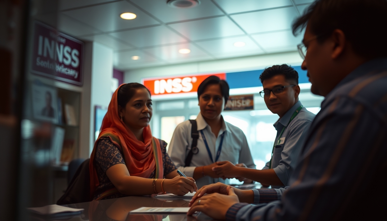 INSS branch employees helping citizens at the counter in editorial style