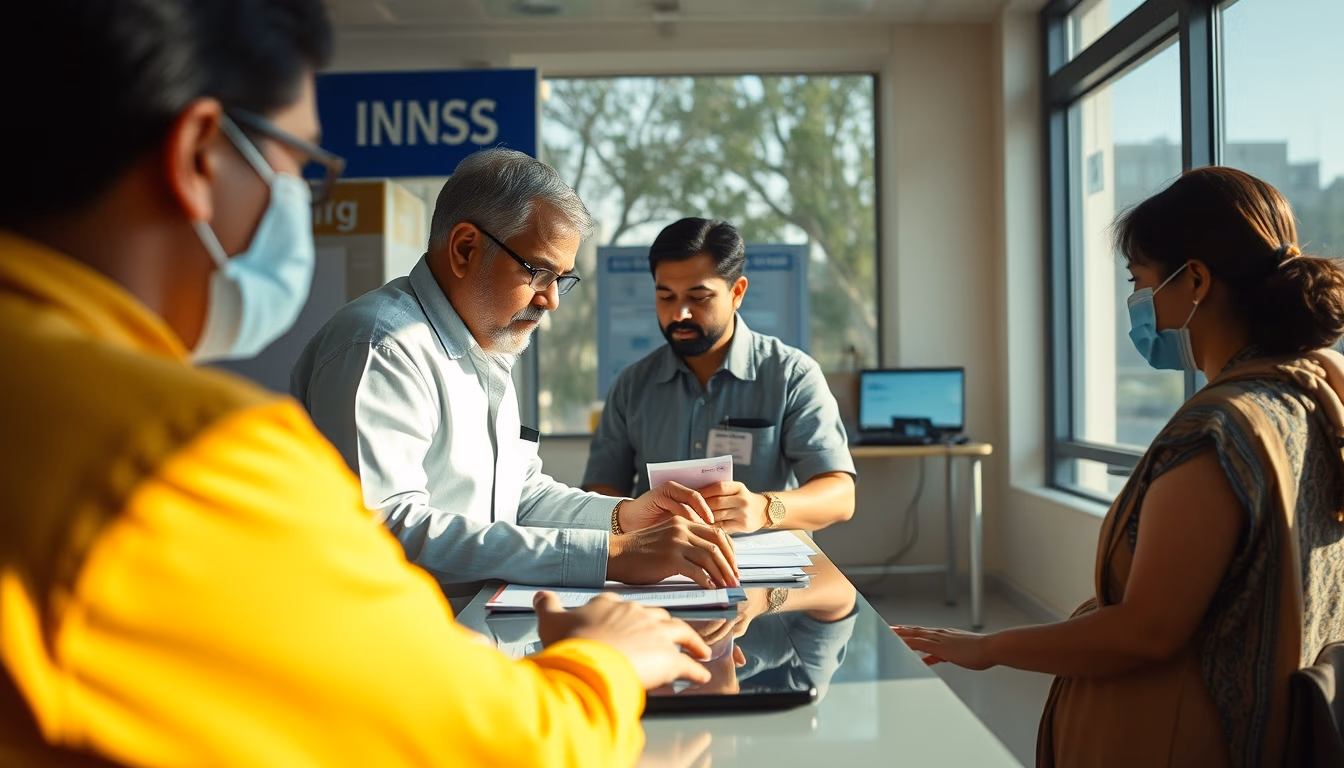 INSS branch employees helping citizens at the counter in editorial style