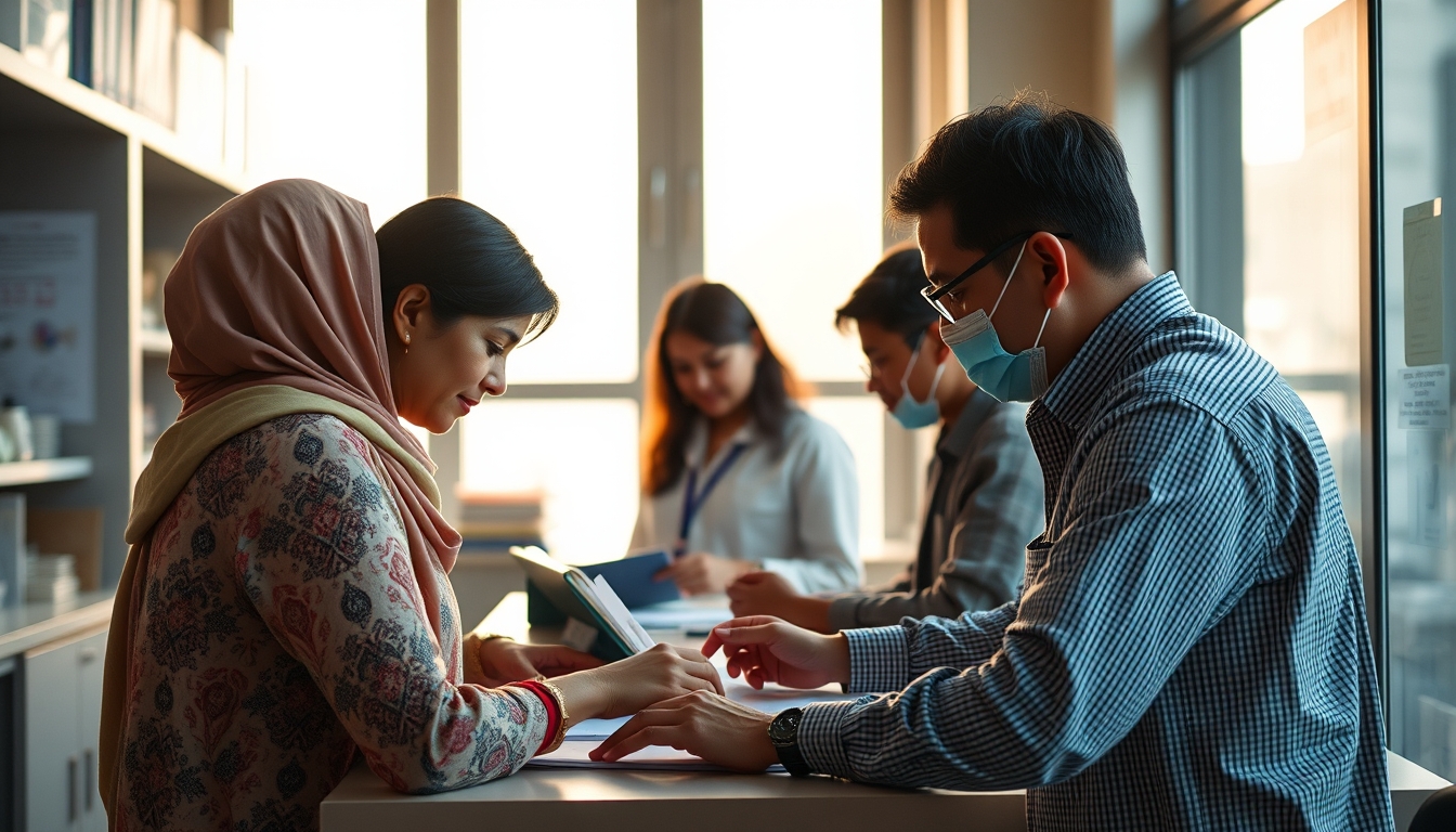 INSS branch employees helping citizens at the counter in editorial style