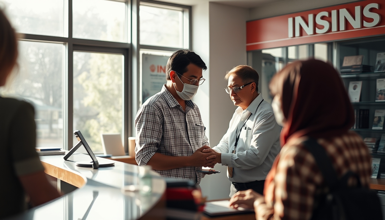 INSS branch employees helping citizens at the counter in editorial style