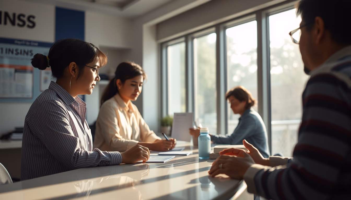 INSS branch employees helping citizens at the counter in editorial style