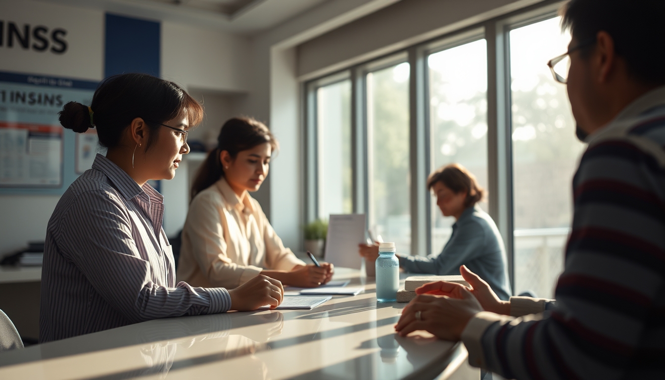 INSS branch employees helping citizens at the counter in editorial style
