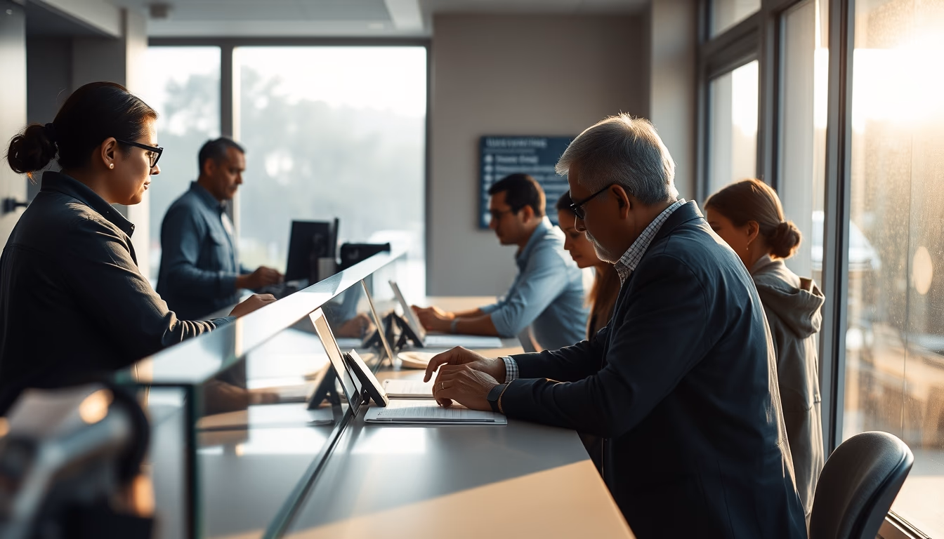 INSS branch employees helping citizens at the counter in editorial style