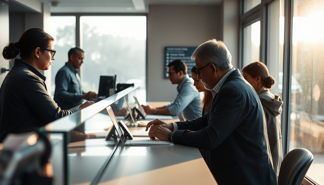 INSS branch employees helping citizens at the counter in editorial style