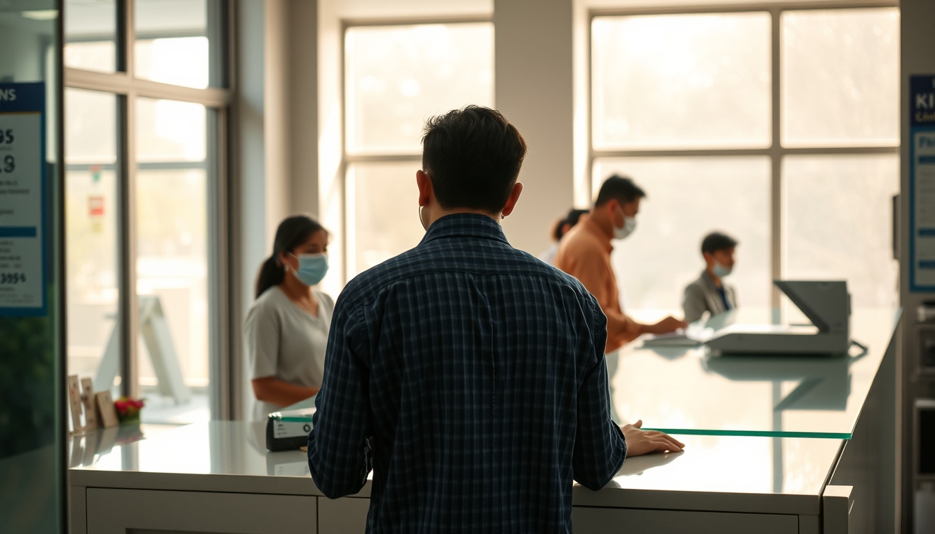 INSS branch employees helping citizens at the counter in editorial style