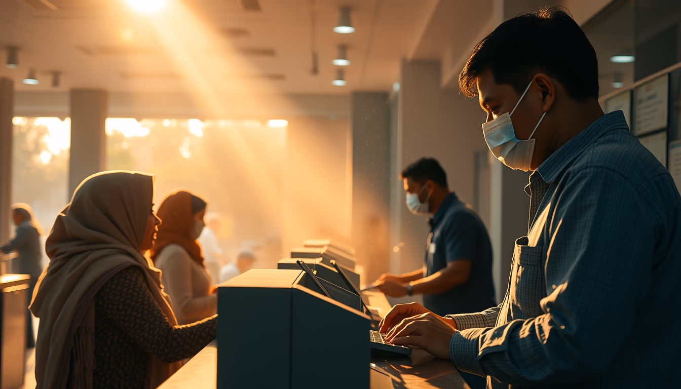 INSS branch employees helping citizens at the counter in editorial style