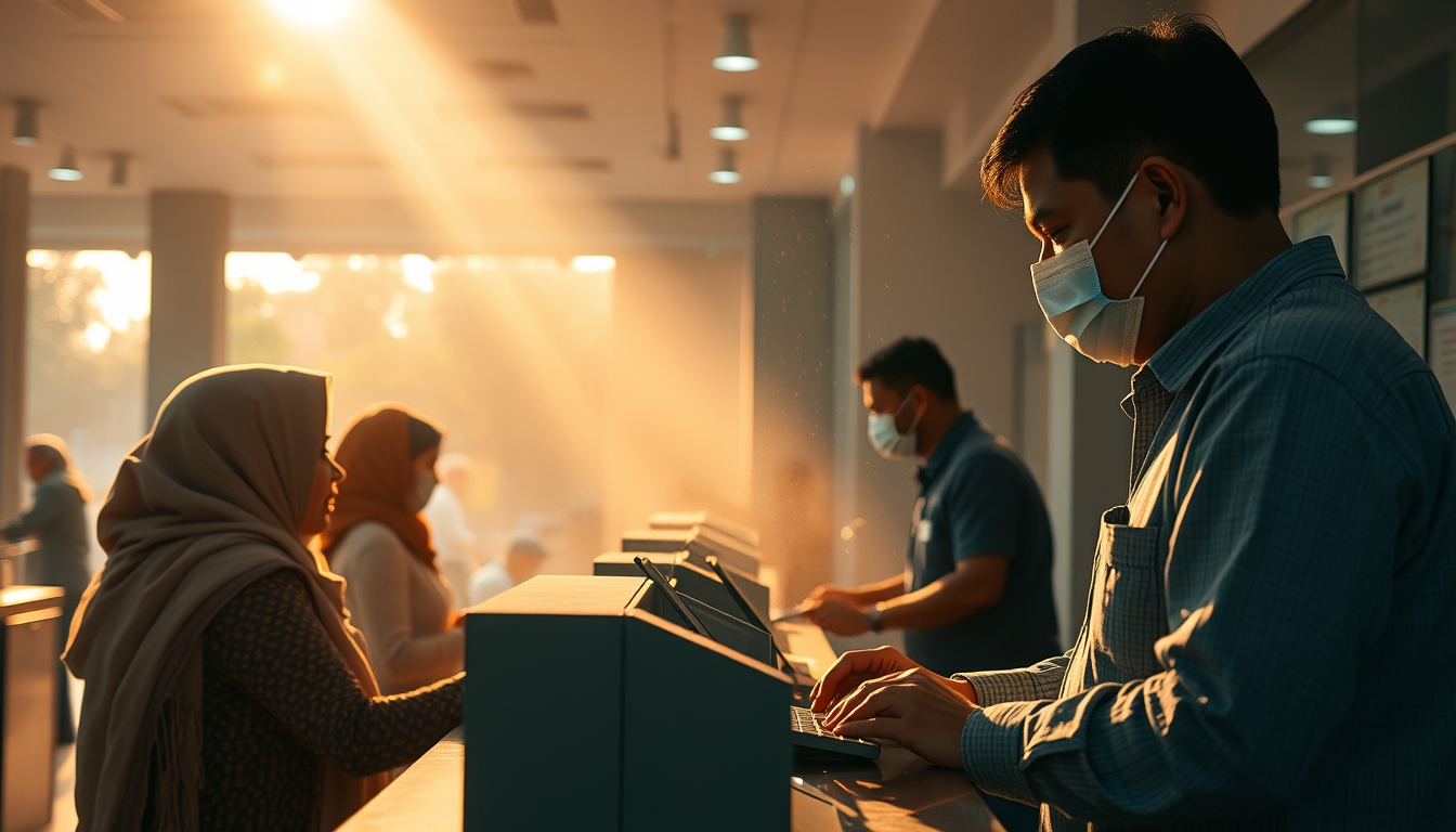 INSS branch employees helping citizens at the counter in editorial style