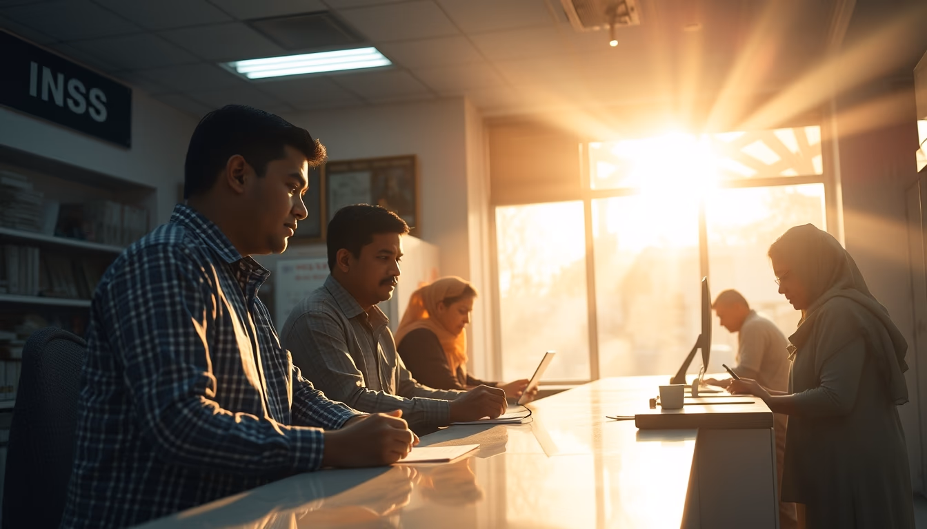 INSS branch employees helping citizens at the counter in editorial style