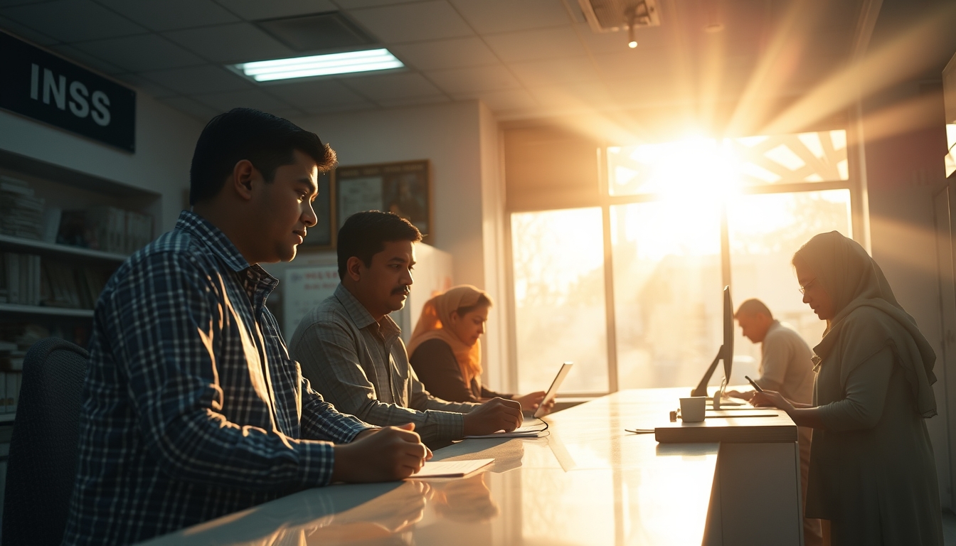 INSS branch employees helping citizens at the counter in editorial style