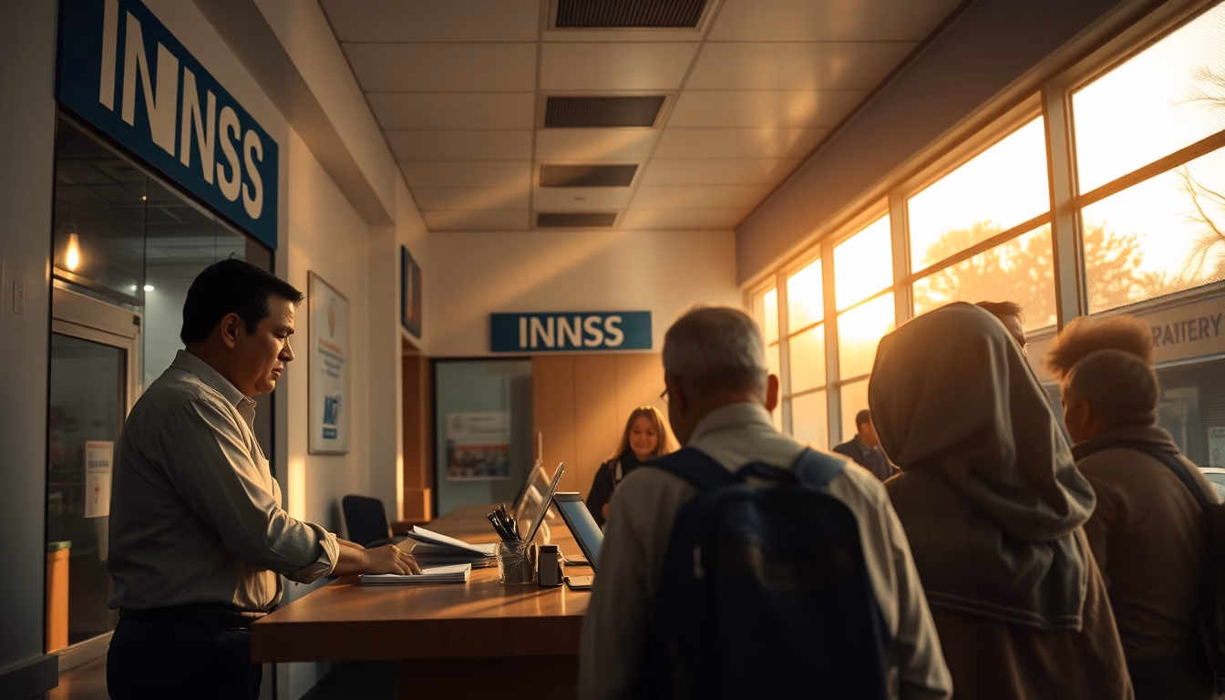 INSS branch employees helping citizens at the counter in editorial style