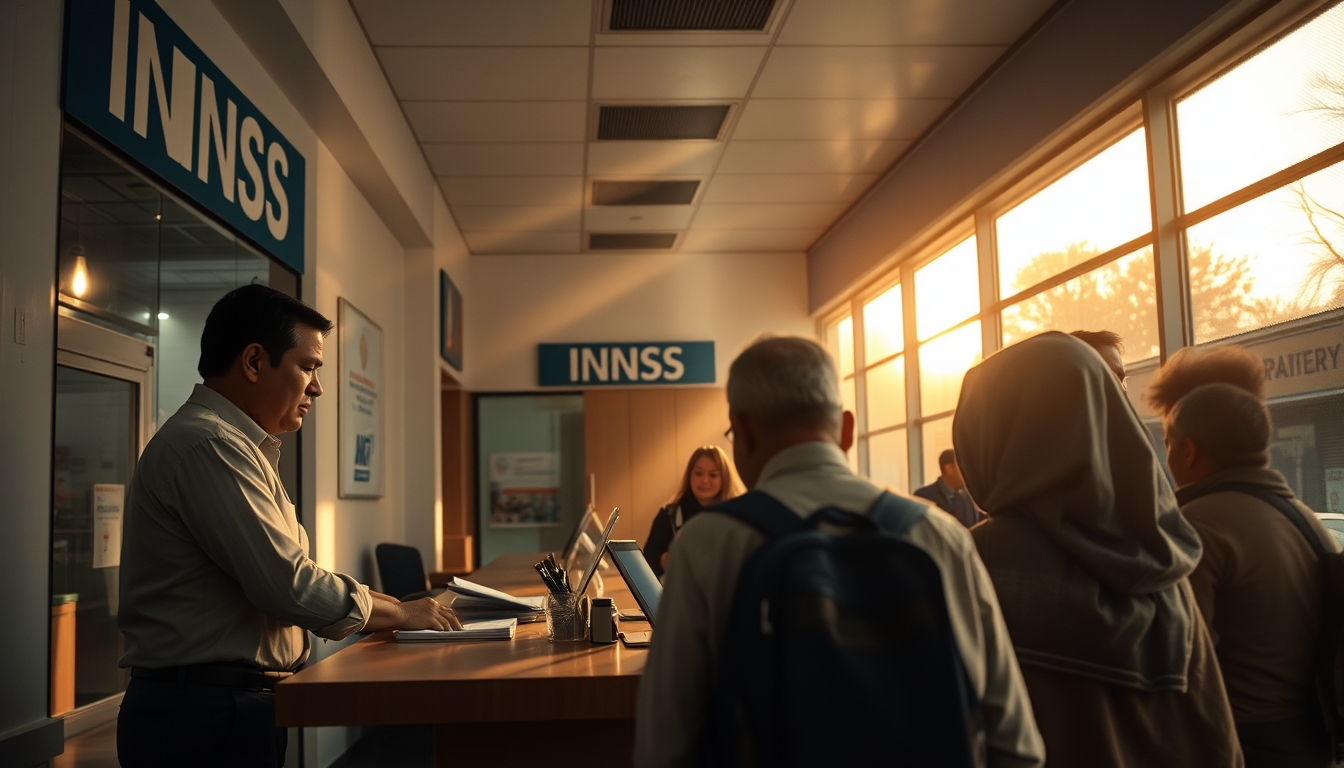 INSS branch employees helping citizens at the counter in editorial style