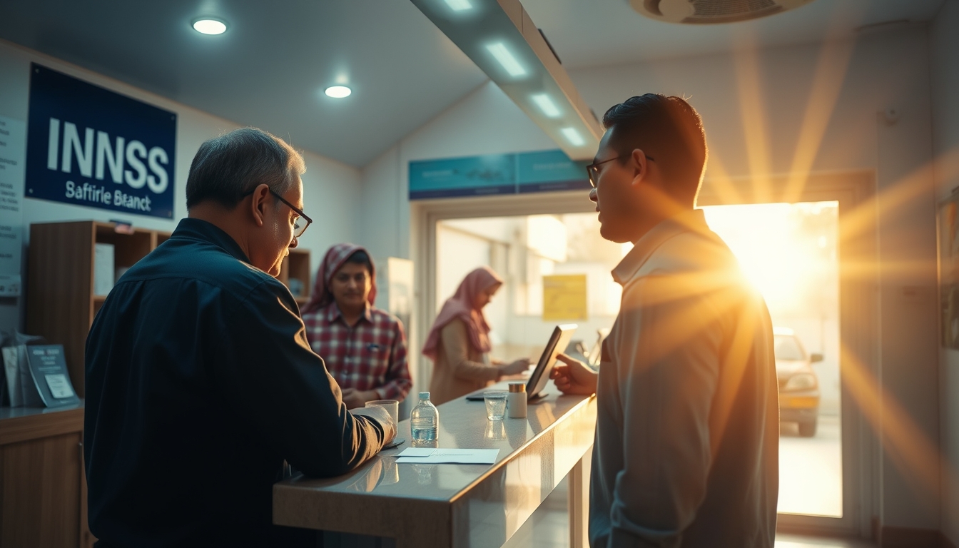 INSS branch employees helping citizens at the counter in editorial style