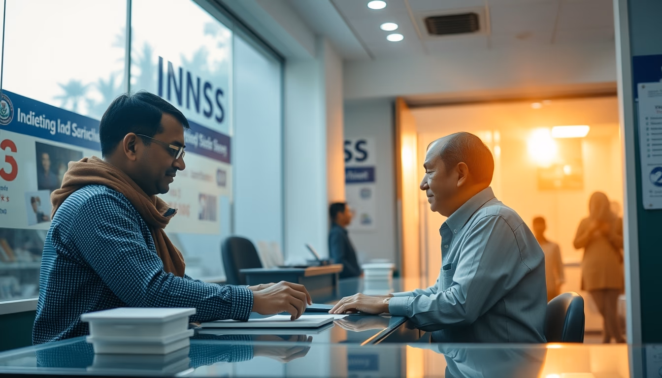 INSS branch employees helping citizens at the counter in editorial style