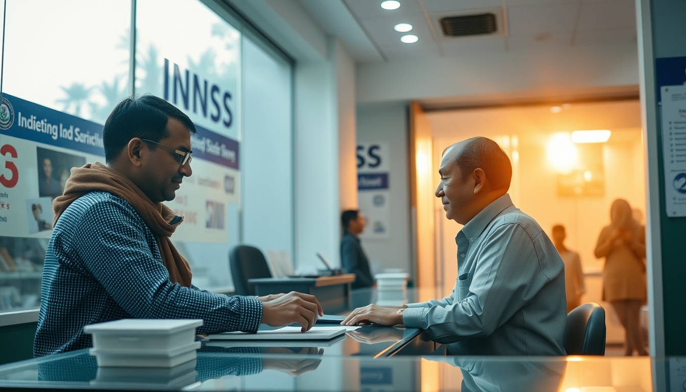 INSS branch employees helping citizens at the counter in editorial style