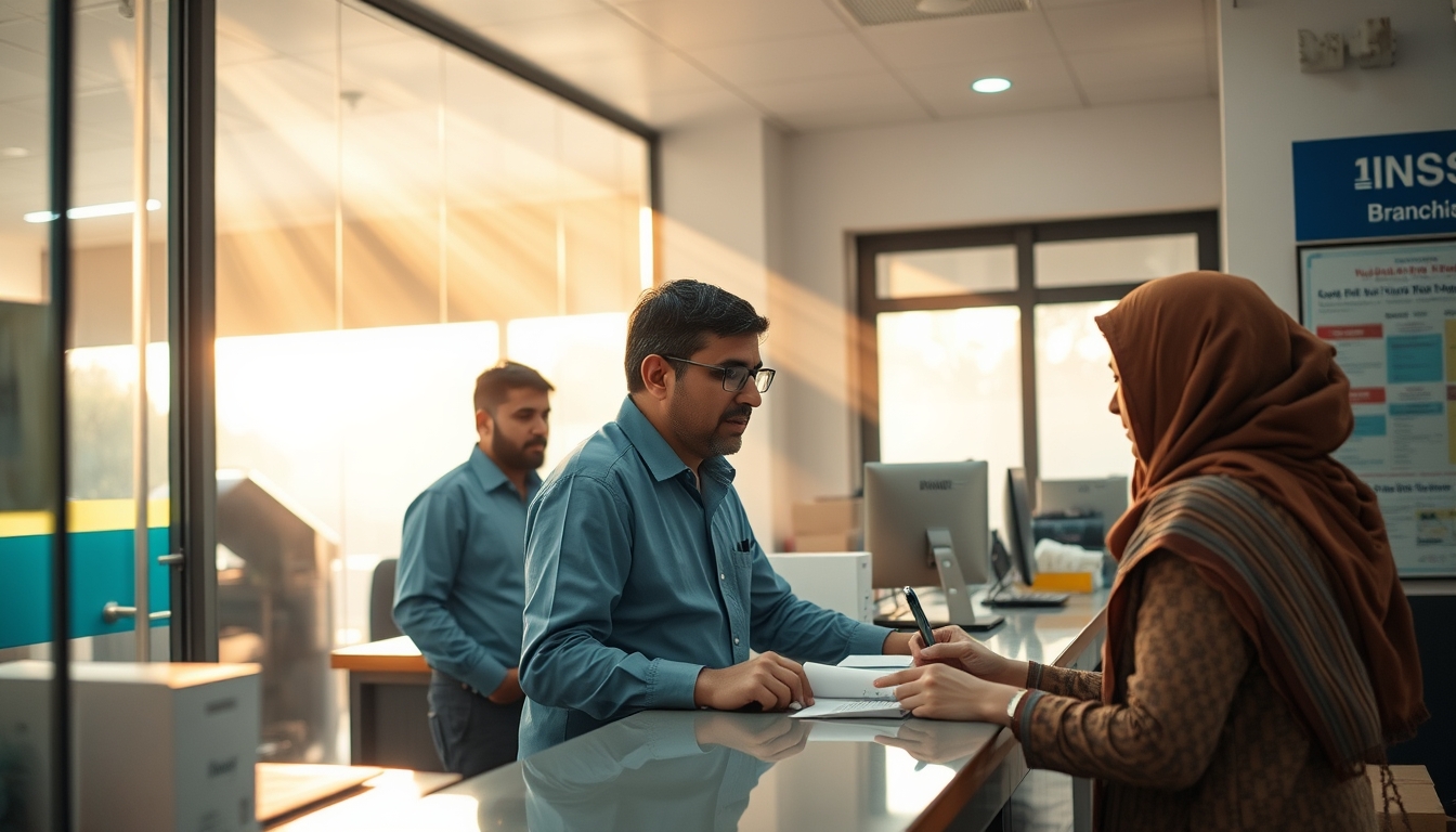 INSS branch employees helping citizens at the counter in editorial style