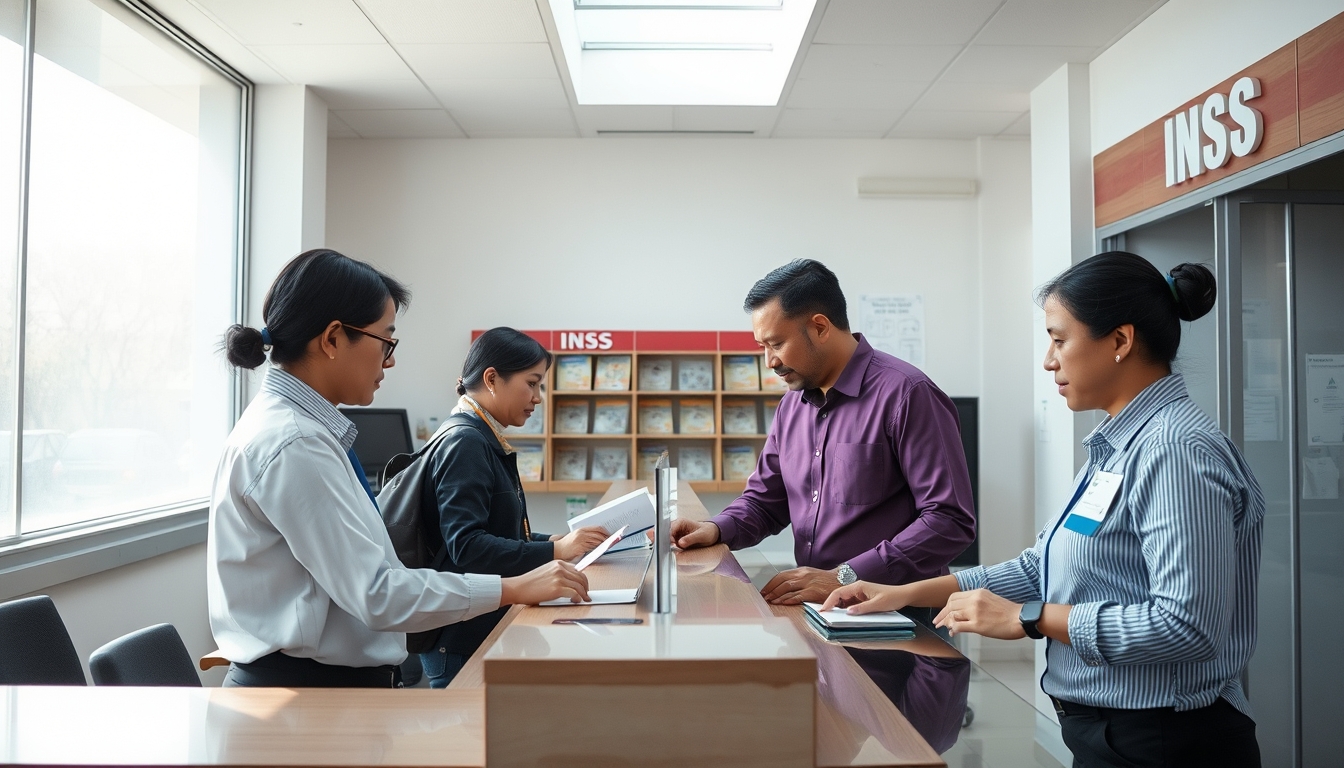 INSS branch employees helping citizens at the counter in editorial style