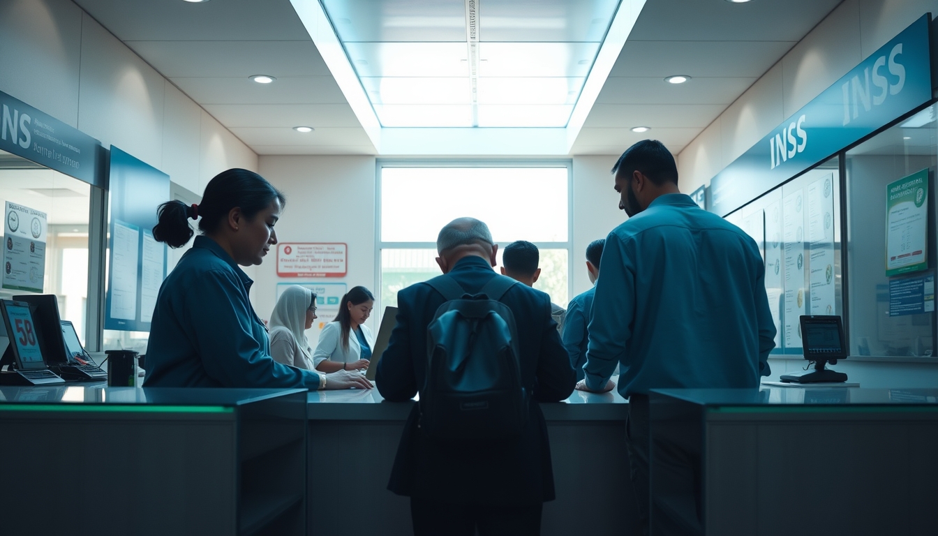 INSS branch employees helping citizens at the counter in editorial style