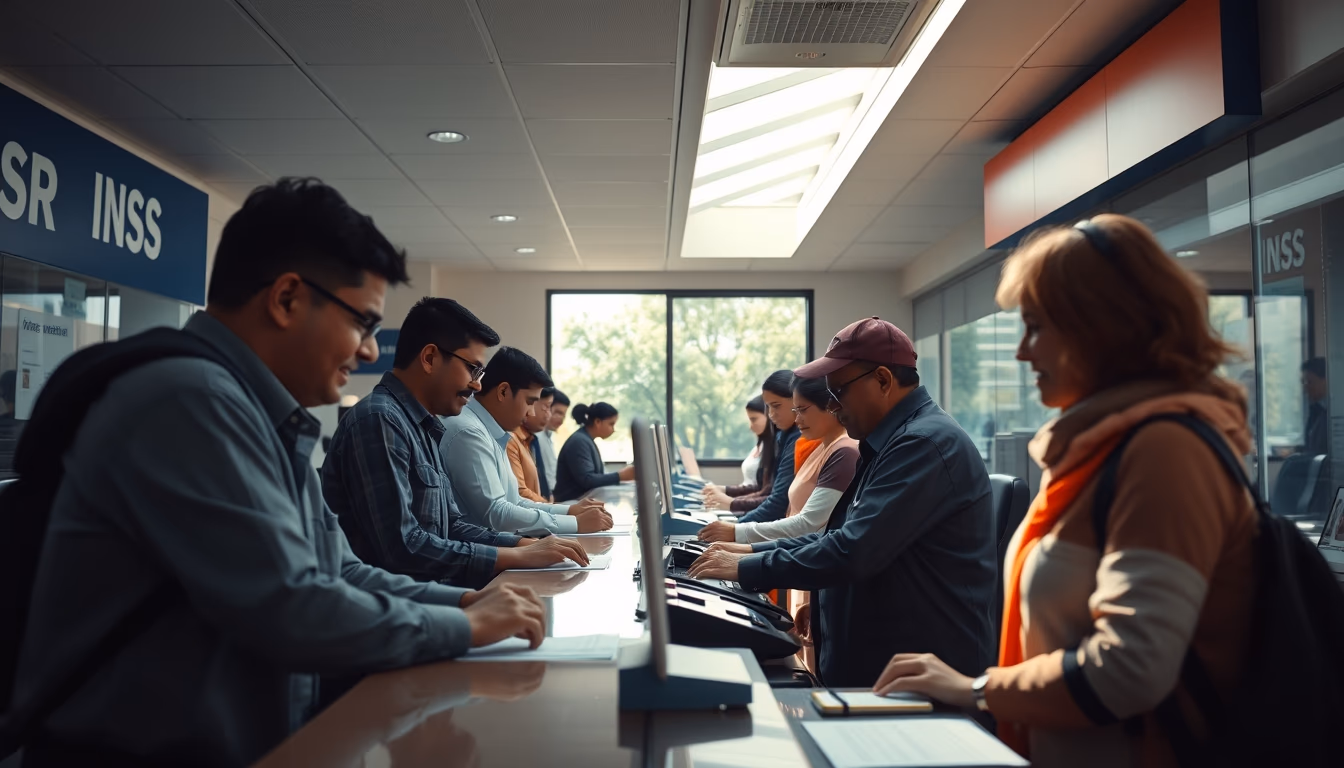 INSS branch employees helping citizens at the counter in editorial style