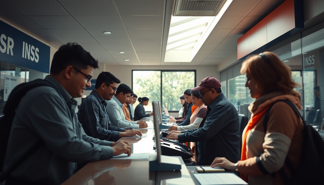 INSS branch employees helping citizens at the counter in editorial style