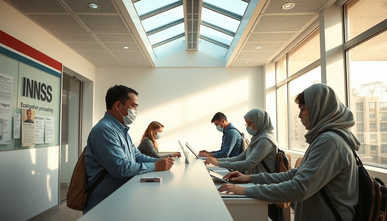 INSS branch employees helping citizens at the counter in editorial style