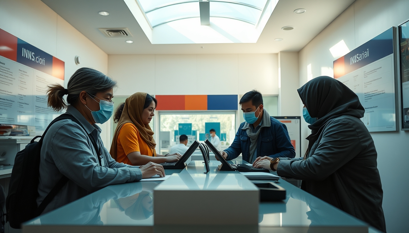 INSS branch employees helping citizens at the counter in editorial style