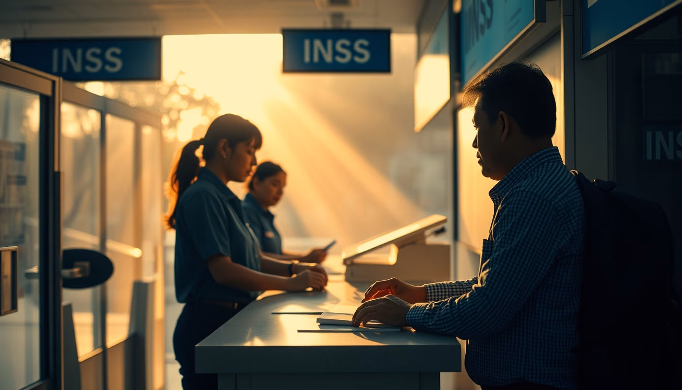 INSS branch employees helping citizens at the counter in editorial style