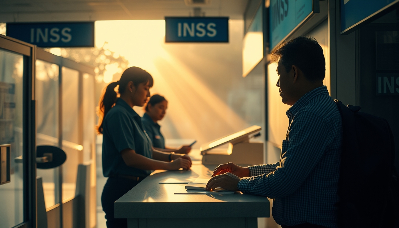INSS branch employees helping citizens at the counter in editorial style